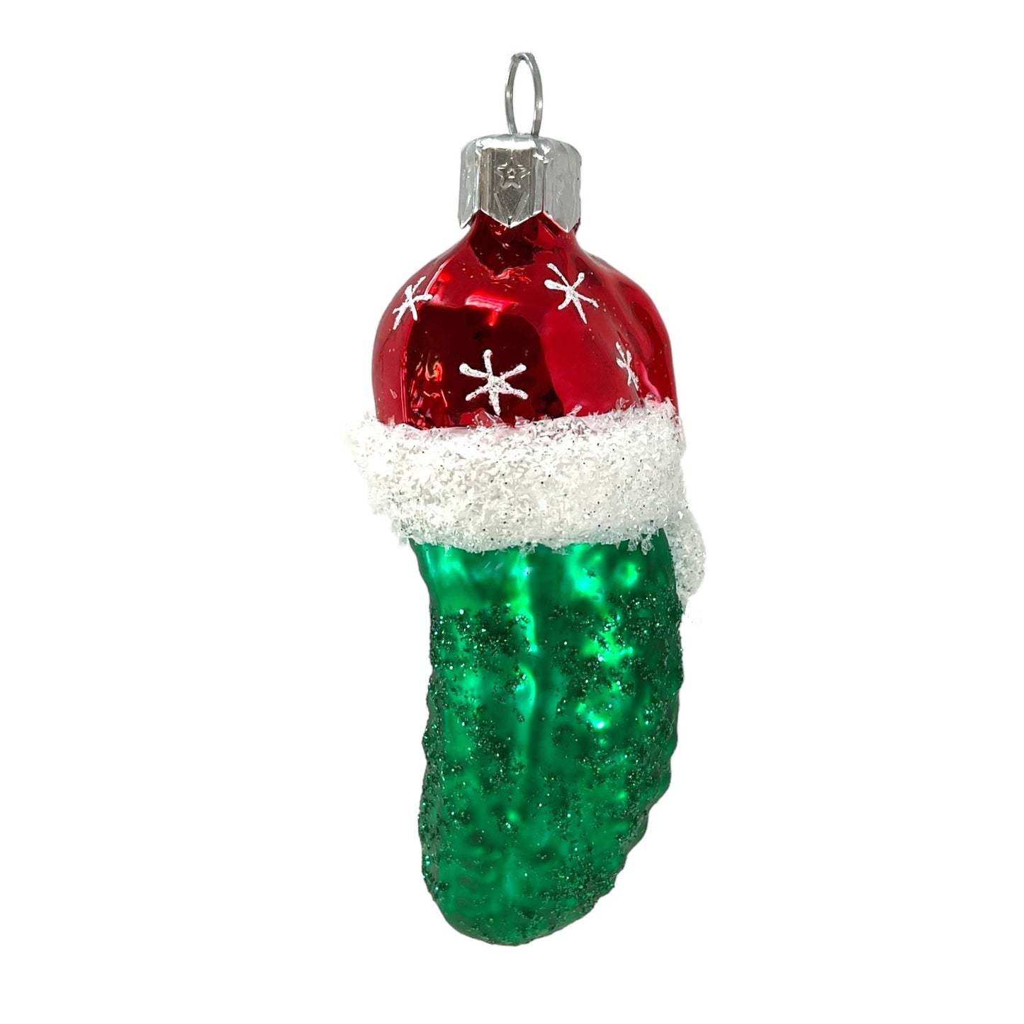 Pinnacle Peak Trading Christmas Pickle Wearing Snowflake Santa Hat Polish Glass Ornament 4 inch