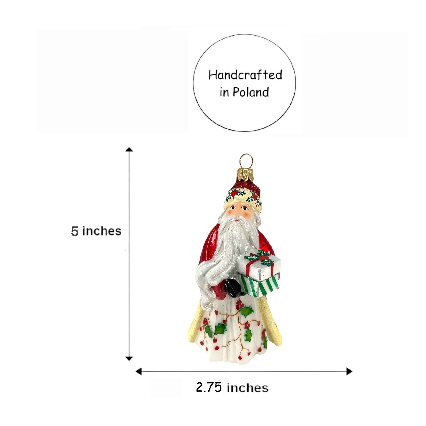 Pinnacle Peak Trading Poinsettia Santa Holding Presents Polish Glass Christmas Tree Ornament 5 inch