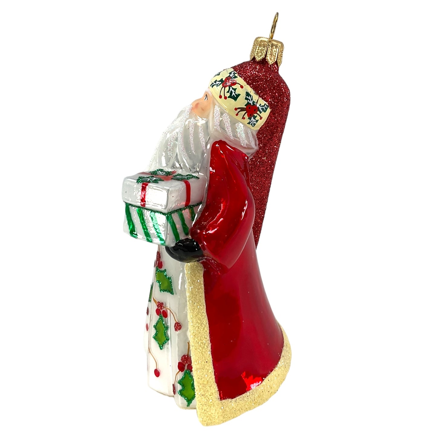 Pinnacle Peak Trading Poinsettia Santa Holding Presents Polish Glass Christmas Tree Ornament 5 inch