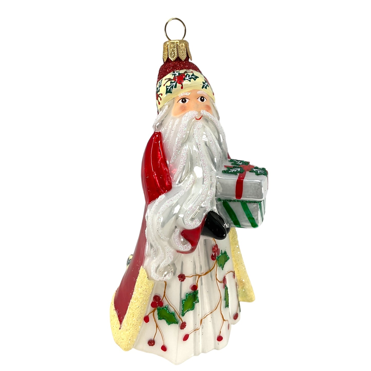 Pinnacle Peak Trading Poinsettia Santa Holding Presents Polish Glass Christmas Tree Ornament 5 inch