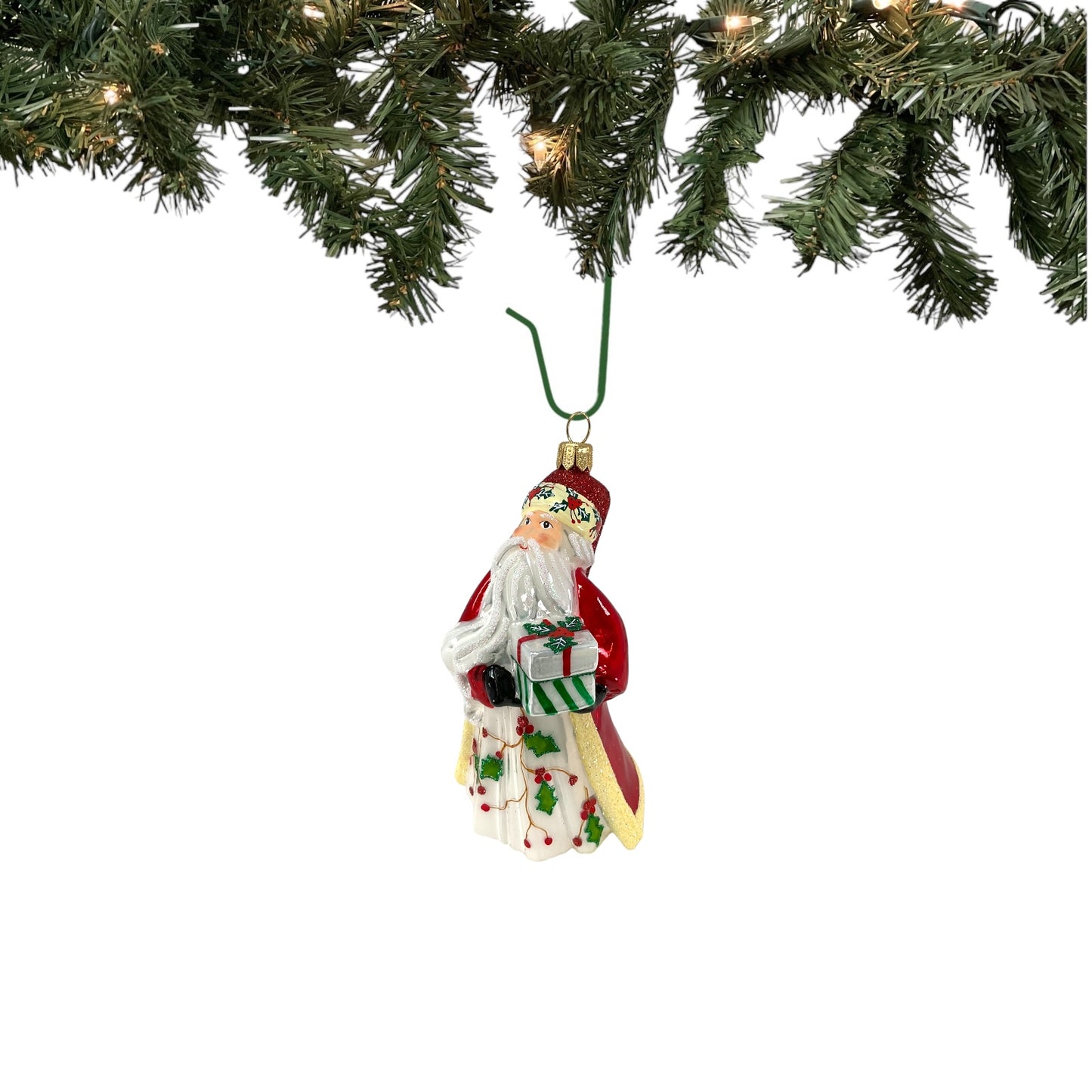 Pinnacle Peak Trading Poinsettia Santa Holding Presents Polish Glass Christmas Tree Ornament 5 inch