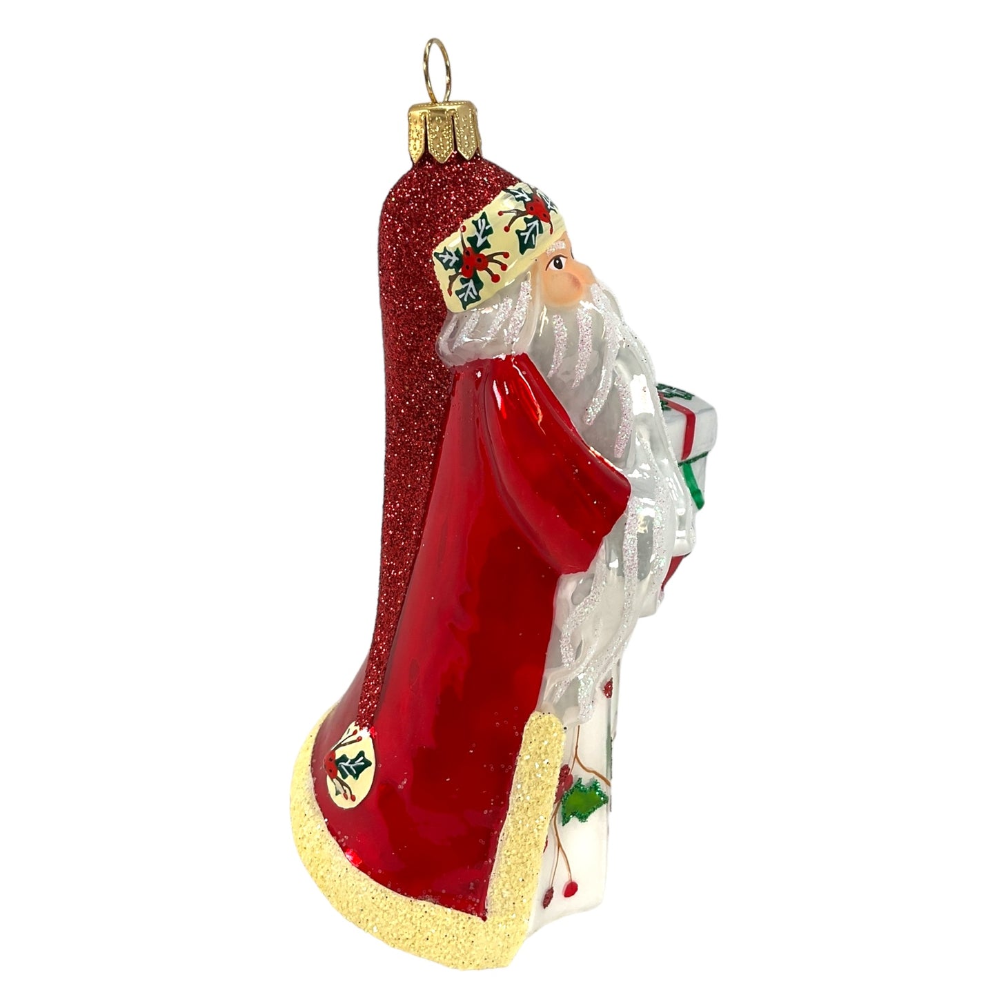 Pinnacle Peak Trading Poinsettia Santa Holding Presents Polish Glass Christmas Tree Ornament 5 inch
