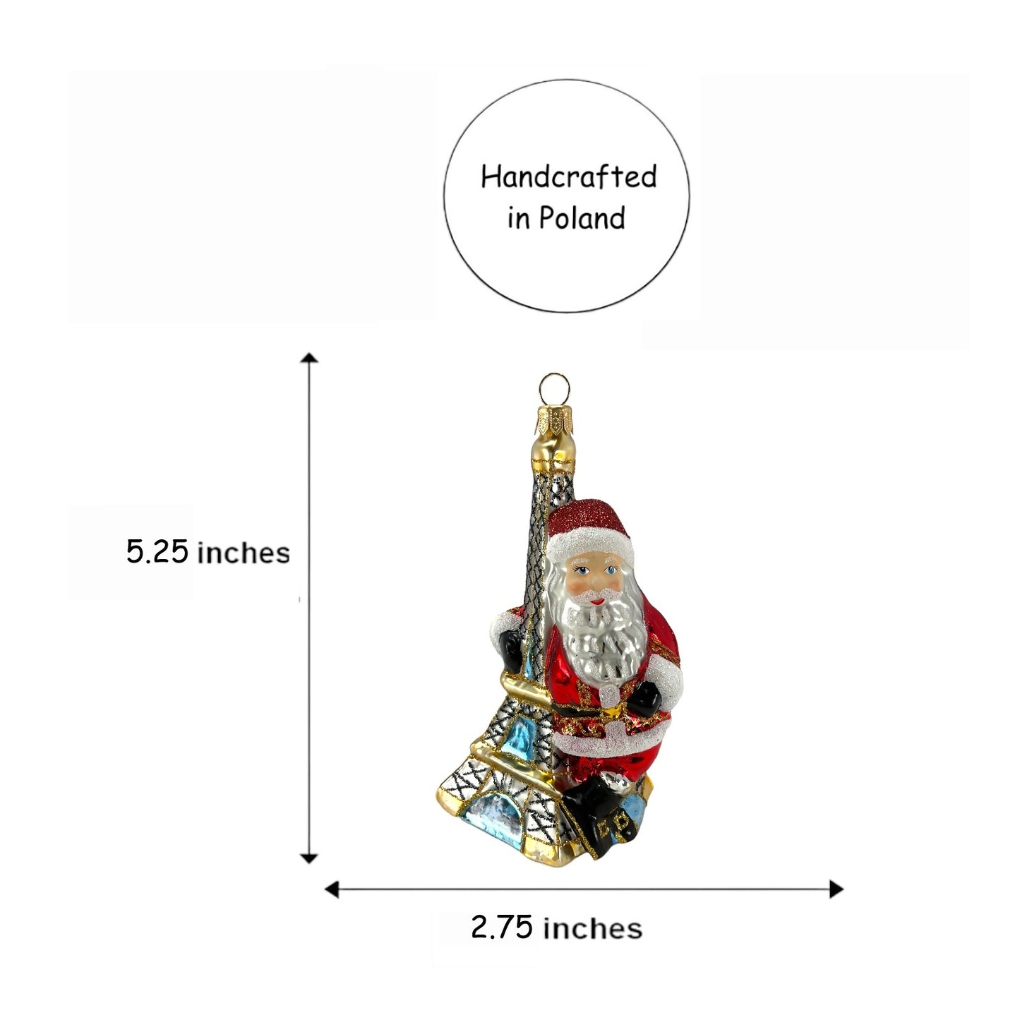 Pinnacle Peak Trading Santa Holding the Eiffel Tower Paris France Polish Glass Christmas Ornament 5.25 inch