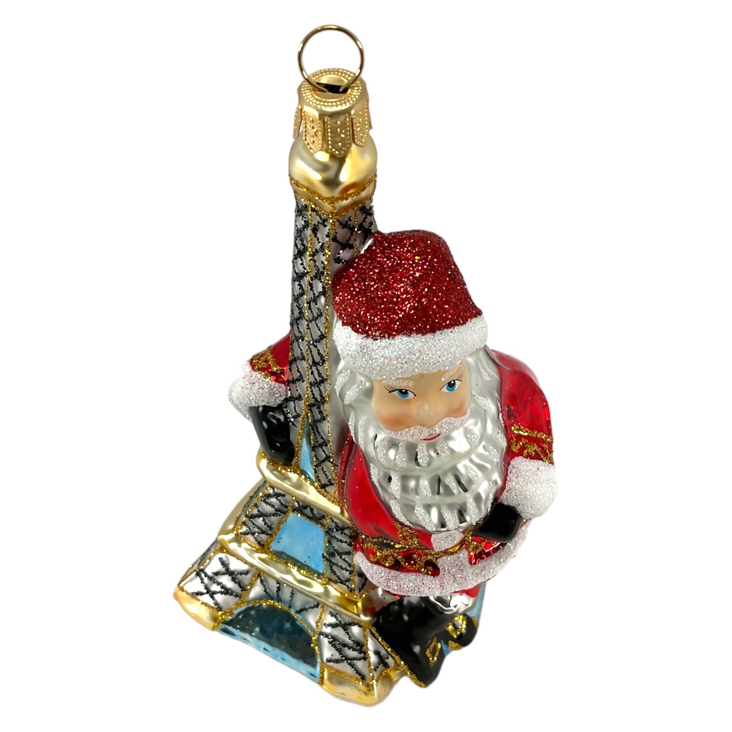 Pinnacle Peak Trading Santa Holding the Eiffel Tower Paris France Polish Glass Christmas Ornament 5.25 inch