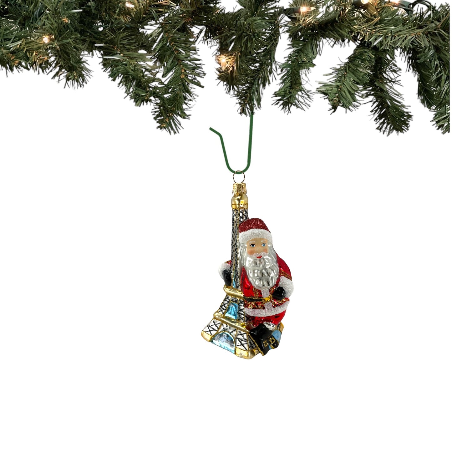 Pinnacle Peak Trading Santa Holding the Eiffel Tower Paris France Polish Glass Christmas Ornament 5.25 inch