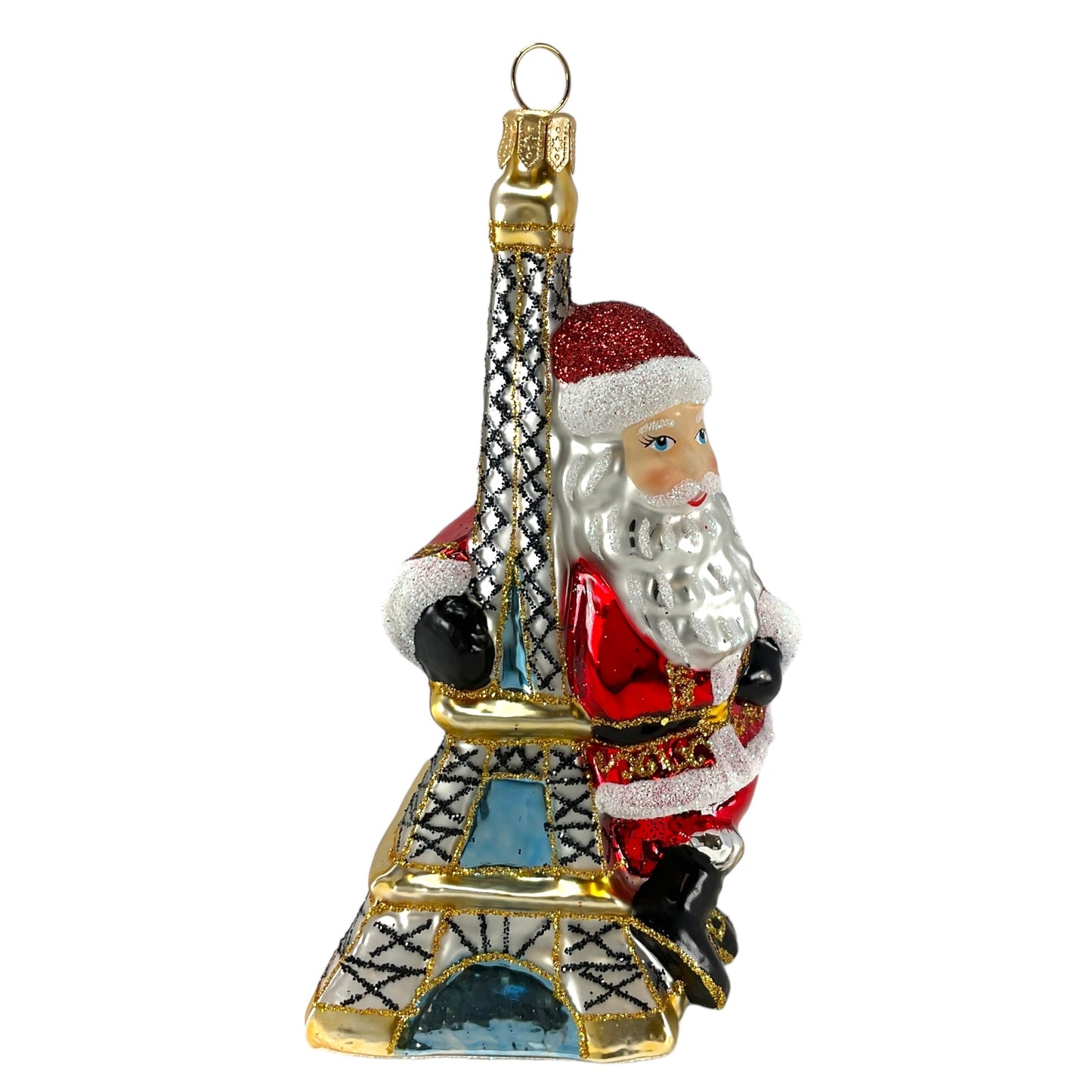 Pinnacle Peak Trading Santa Holding the Eiffel Tower Paris France Polish Glass Christmas Ornament 5.25 inch