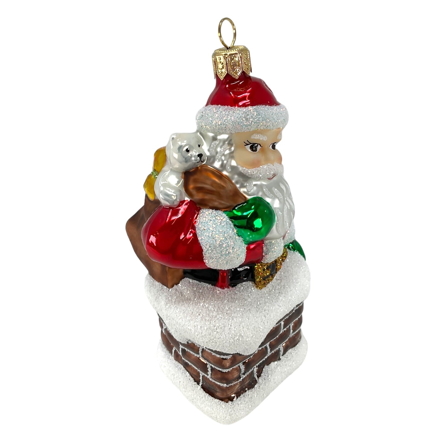 Pinnacle Peak Trading Santa Going Down Chimney with Bag of Presents Polish Glass Christmas Ornament 5.25 inch