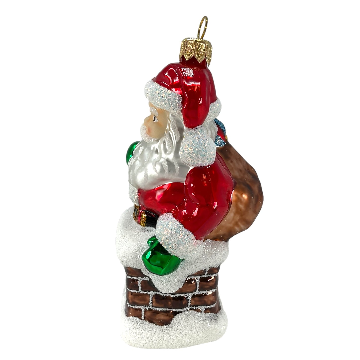 Pinnacle Peak Trading Santa Going Down Chimney with Bag of Presents Polish Glass Christmas Ornament 5.25 inch