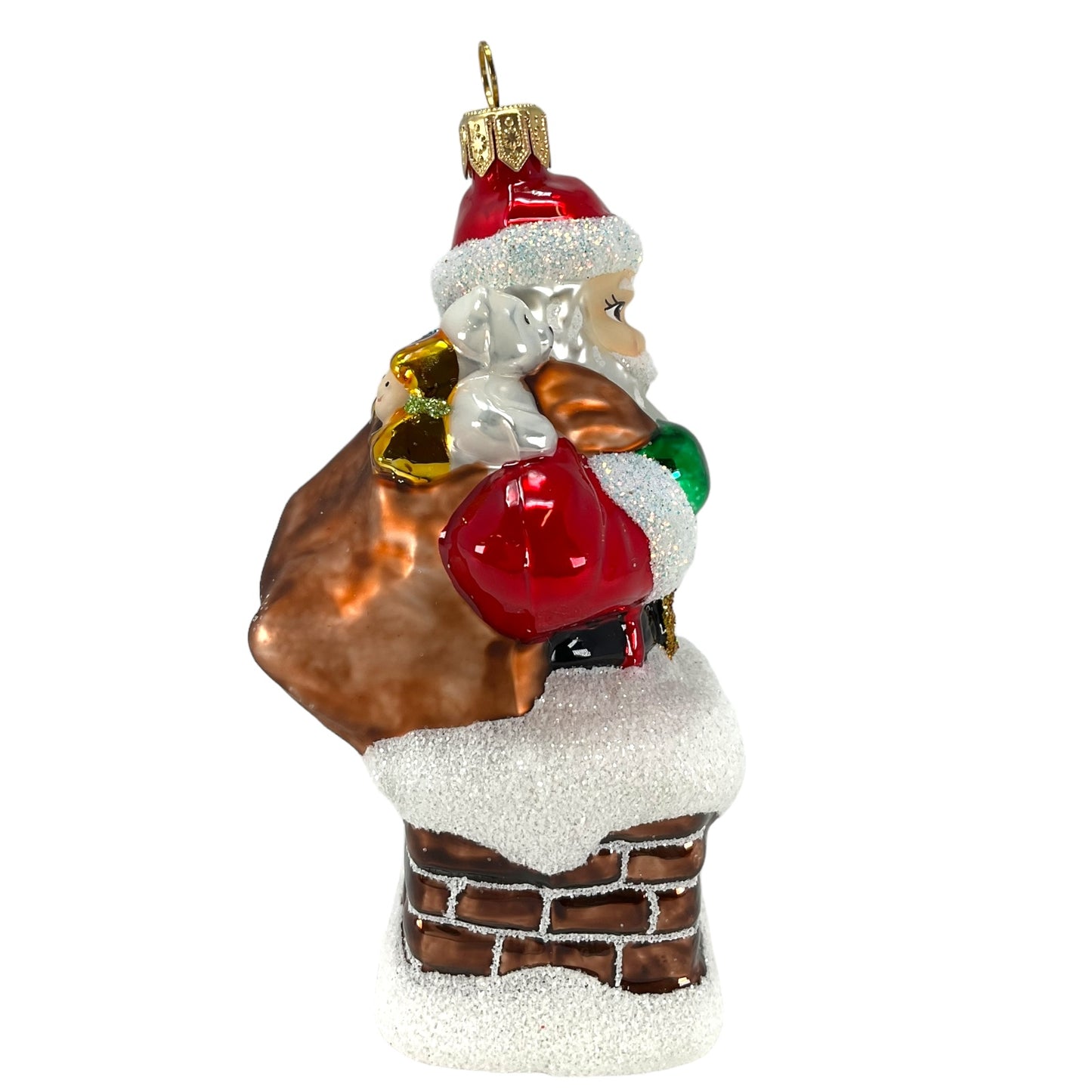 Pinnacle Peak Trading Santa Going Down Chimney with Bag of Presents Polish Glass Christmas Ornament 5.25 inch
