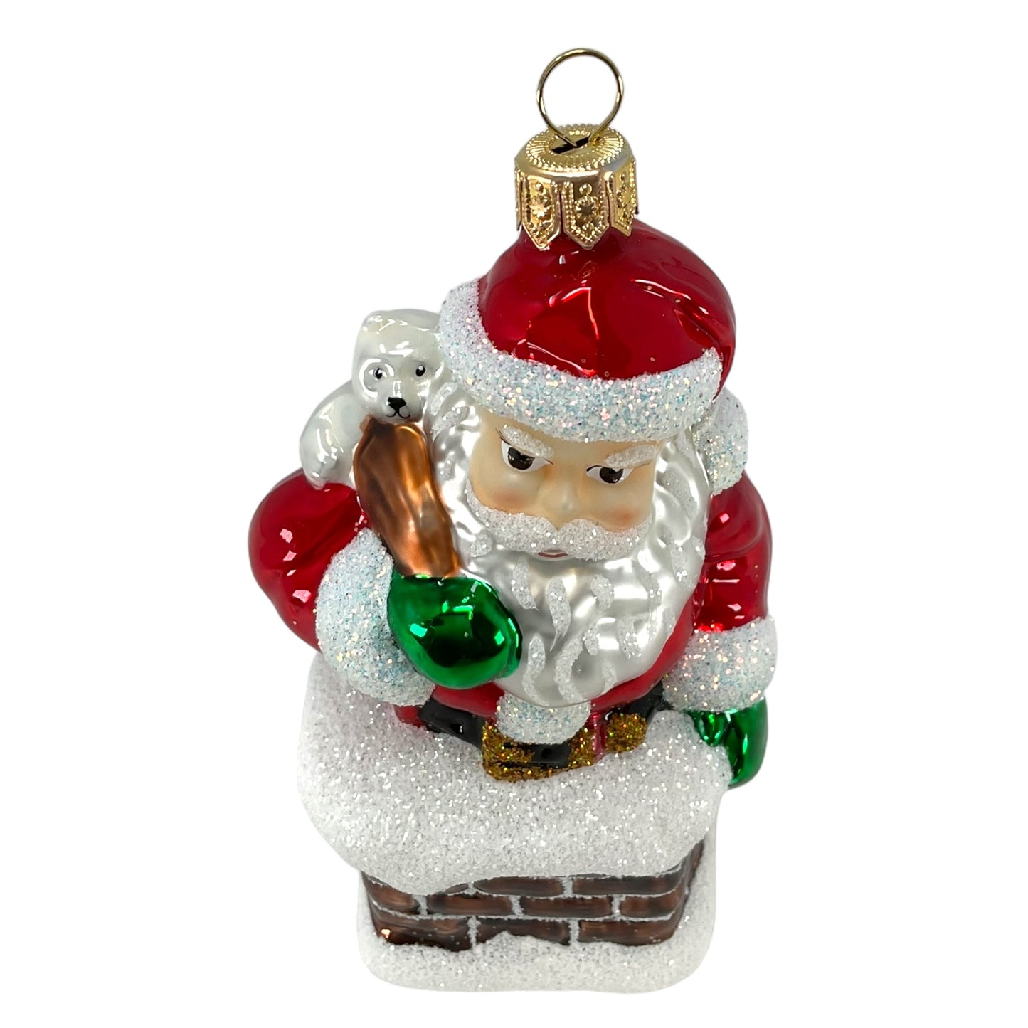 Pinnacle Peak Trading Santa Going Down Chimney with Bag of Presents Polish Glass Christmas Ornament 5.25 inch