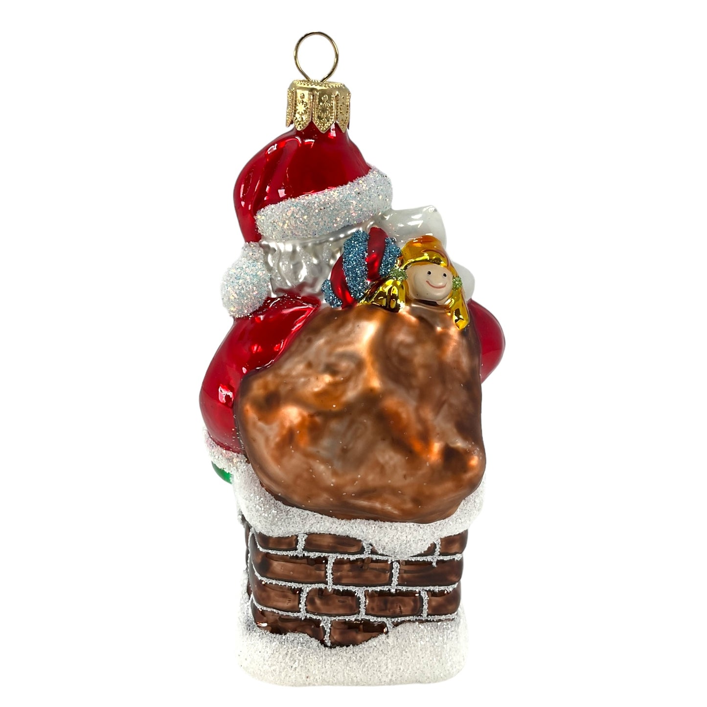 Pinnacle Peak Trading Santa Going Down Chimney with Bag of Presents Polish Glass Christmas Ornament 5.25 inch