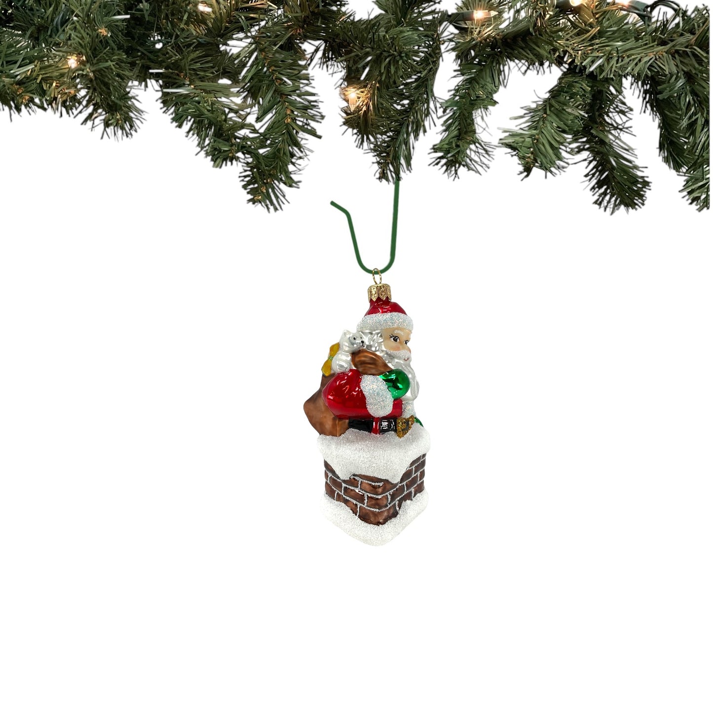 Pinnacle Peak Trading Santa Going Down Chimney with Bag of Presents Polish Glass Christmas Ornament 5.25 inch