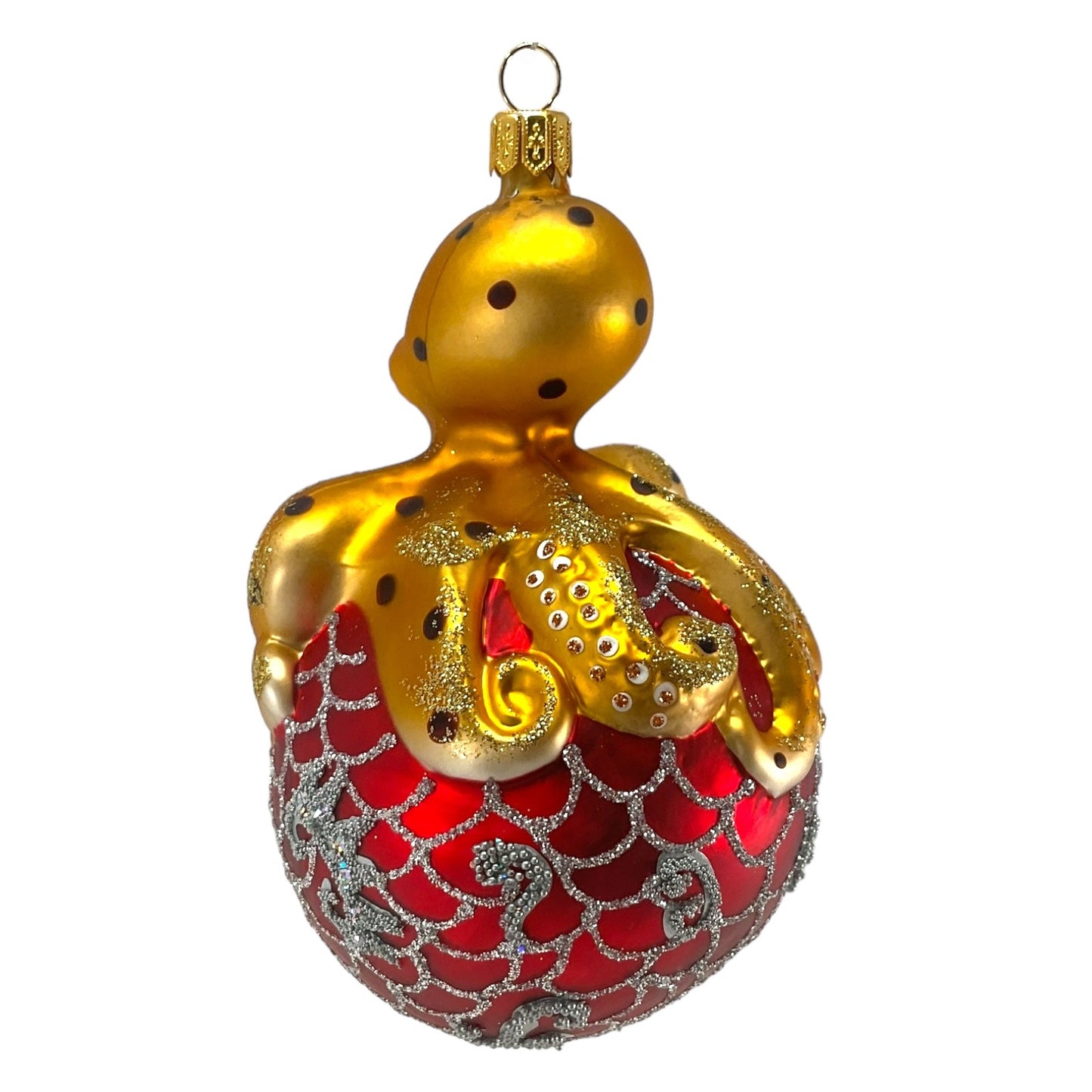 Pinnacle Peak Trading Octopus on Red and Silver Ball Polish Glass Christmas Ornament 5 inch