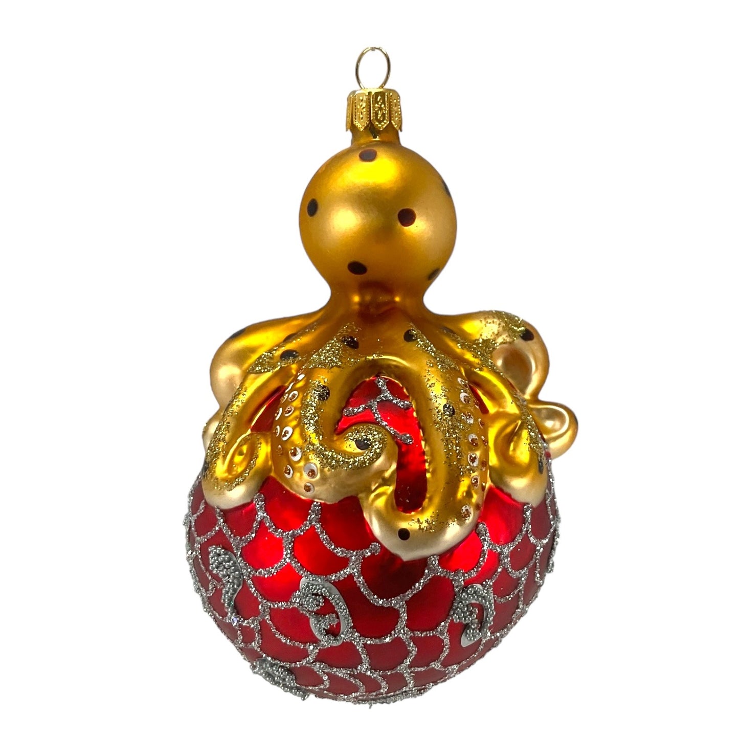 Pinnacle Peak Trading Octopus on Red and Silver Ball Polish Glass Christmas Ornament 5 inch