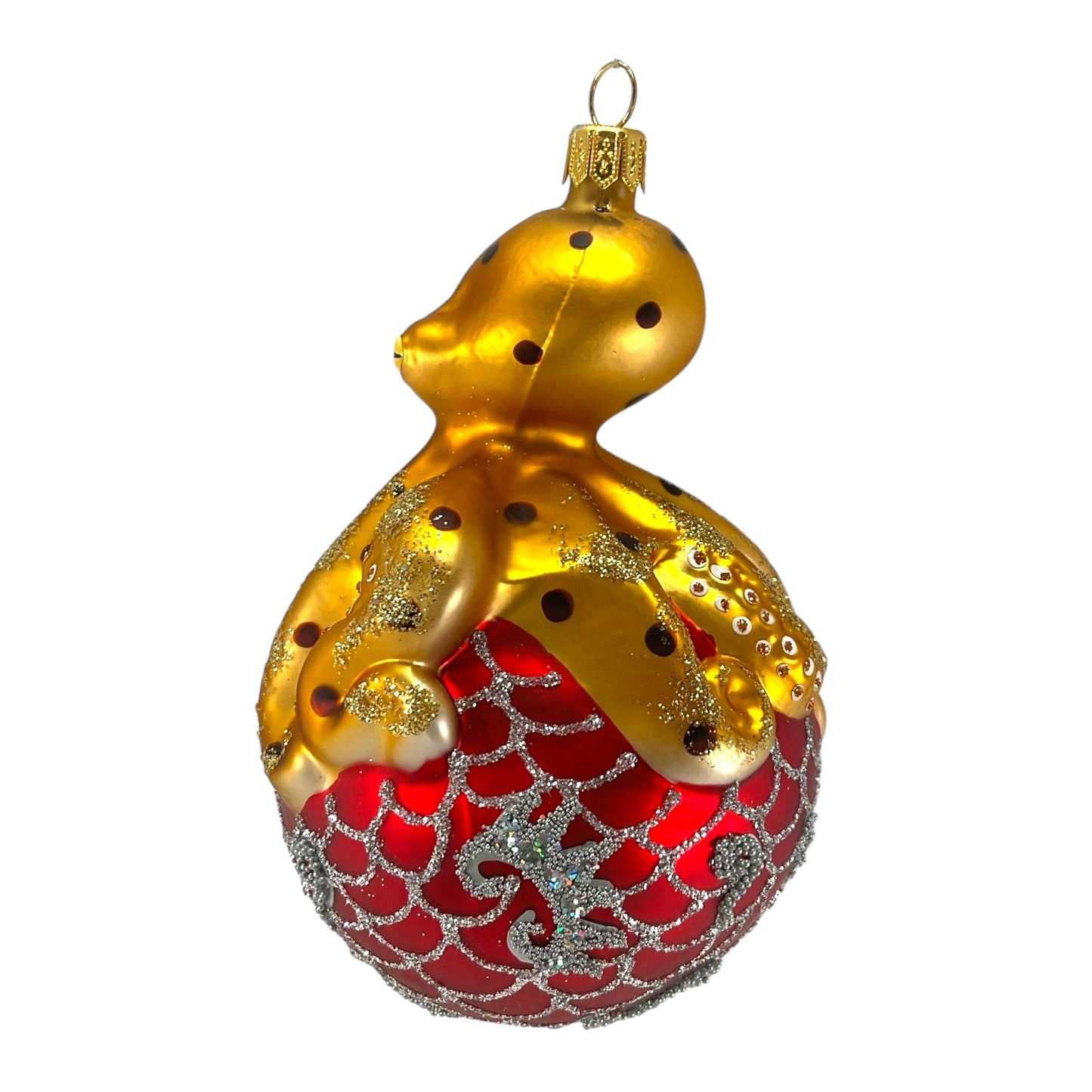 Pinnacle Peak Trading Octopus on Red and Silver Ball Polish Glass Christmas Ornament 5 inch