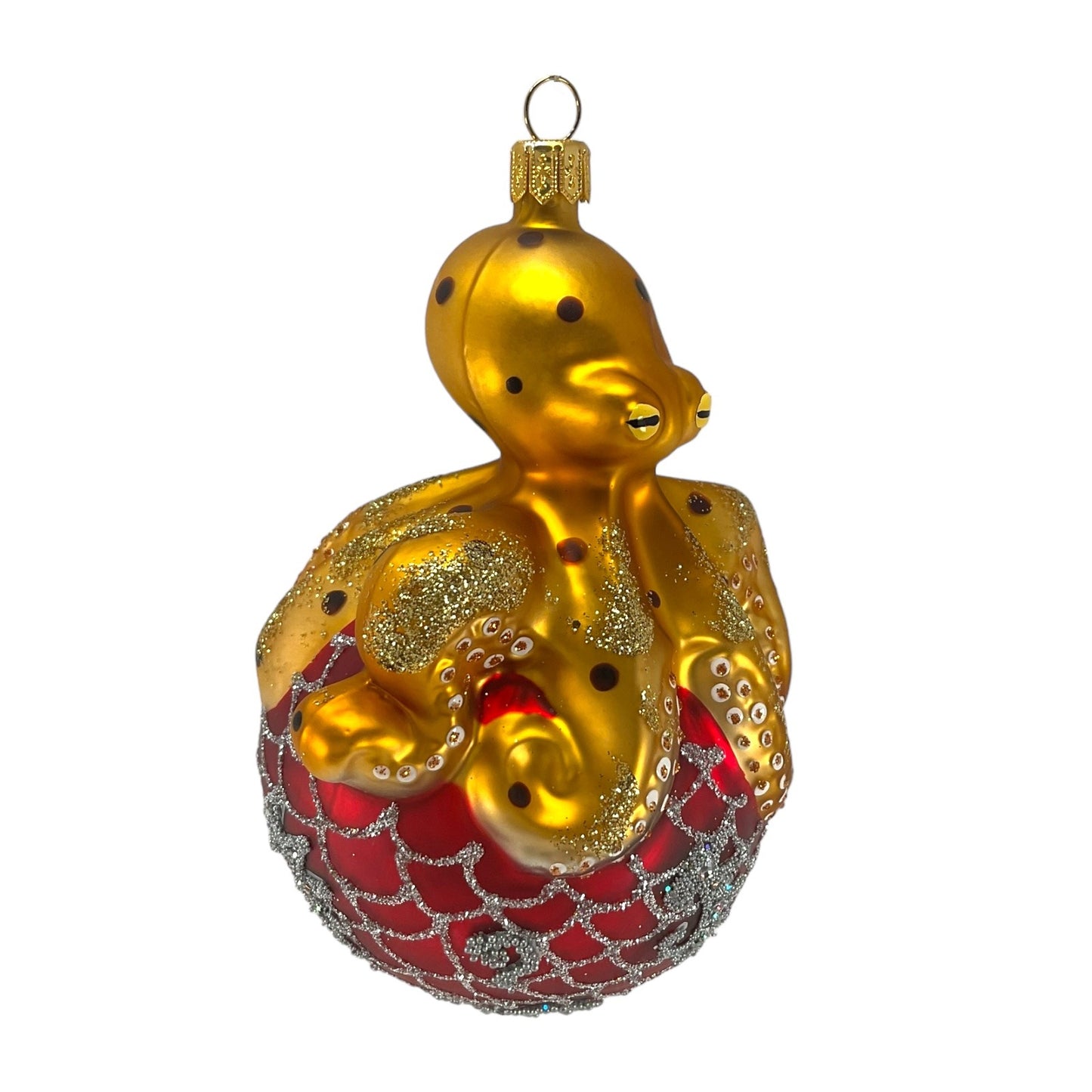 Pinnacle Peak Trading Octopus on Red and Silver Ball Polish Glass Christmas Ornament 5 inch