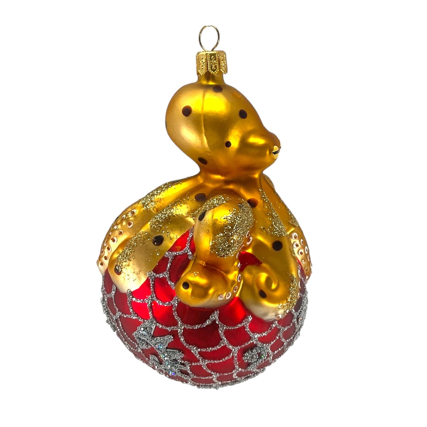 Pinnacle Peak Trading Octopus on Red and Silver Ball Polish Glass Christmas Ornament 5 inch