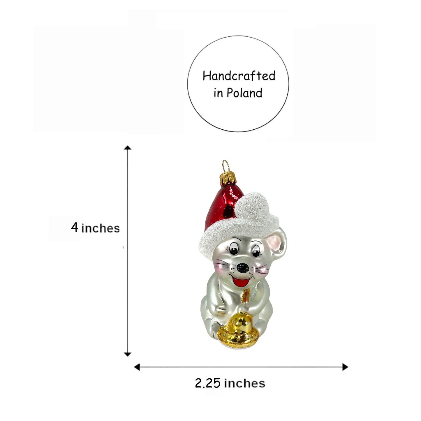 Pinnacle Peak Trading Mouse Holding Bell Wearing Santa Hat Polish Glass Christmas Ornament 4 inch