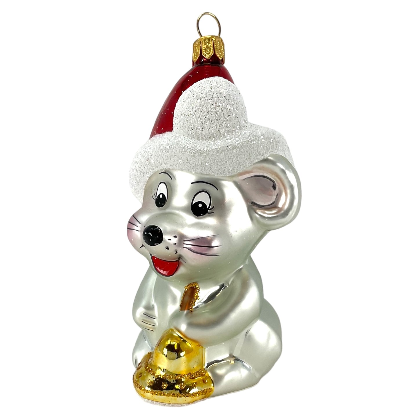 Pinnacle Peak Trading Mouse Holding Bell Wearing Santa Hat Polish Glass Christmas Ornament 4 inch