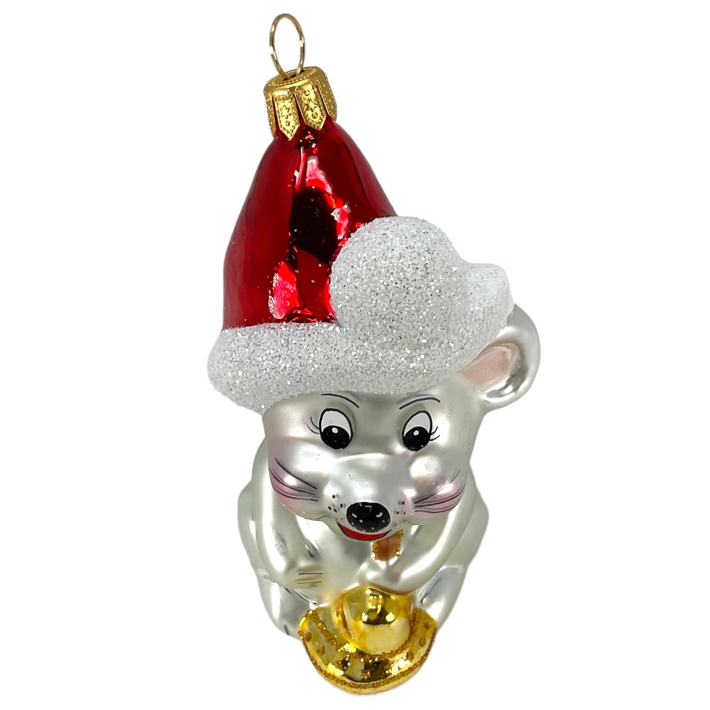 Pinnacle Peak Trading Mouse Holding Bell Wearing Santa Hat Polish Glass Christmas Ornament 4 inch