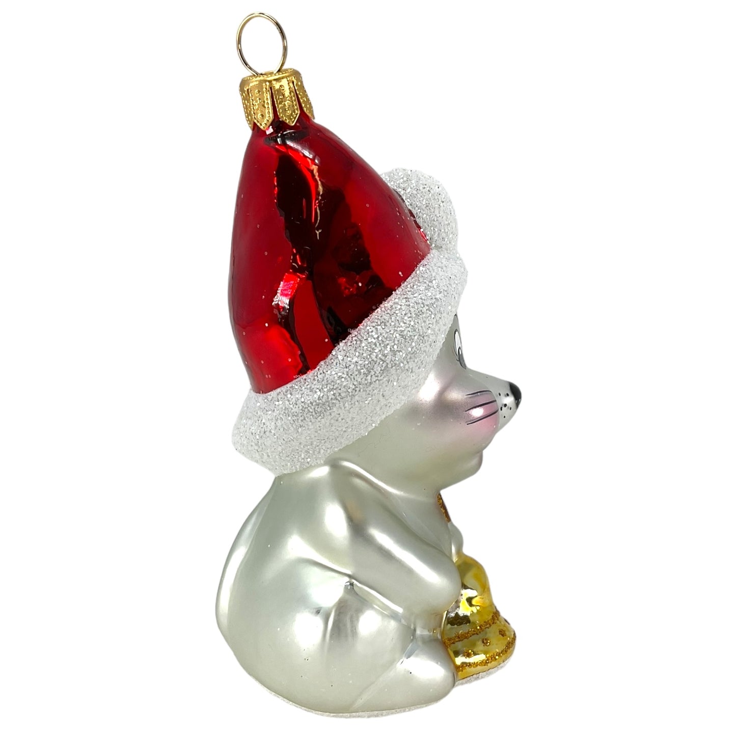 Pinnacle Peak Trading Mouse Holding Bell Wearing Santa Hat Polish Glass Christmas Ornament 4 inch