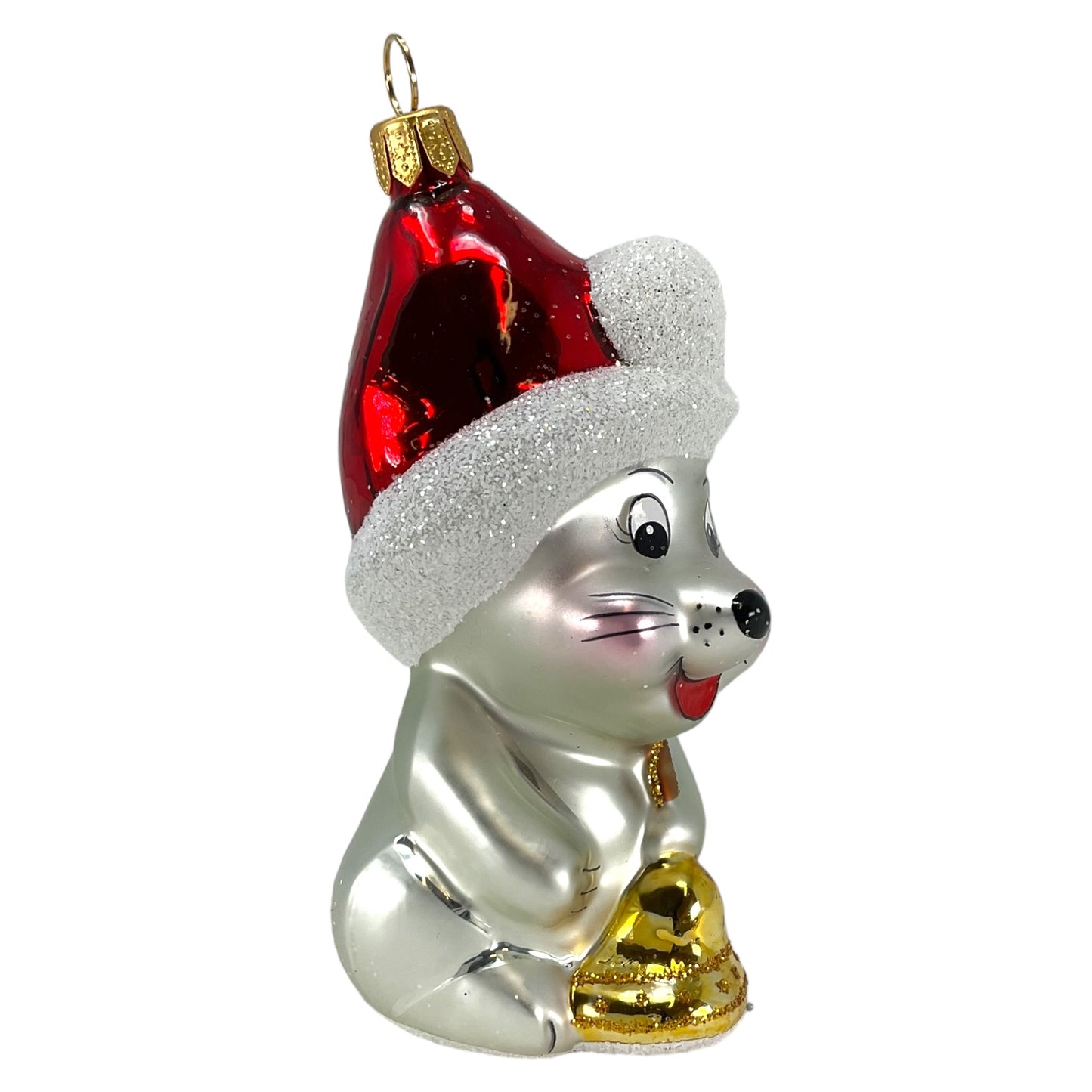 Pinnacle Peak Trading Mouse Holding Bell Wearing Santa Hat Polish Glass Christmas Ornament 4 inch