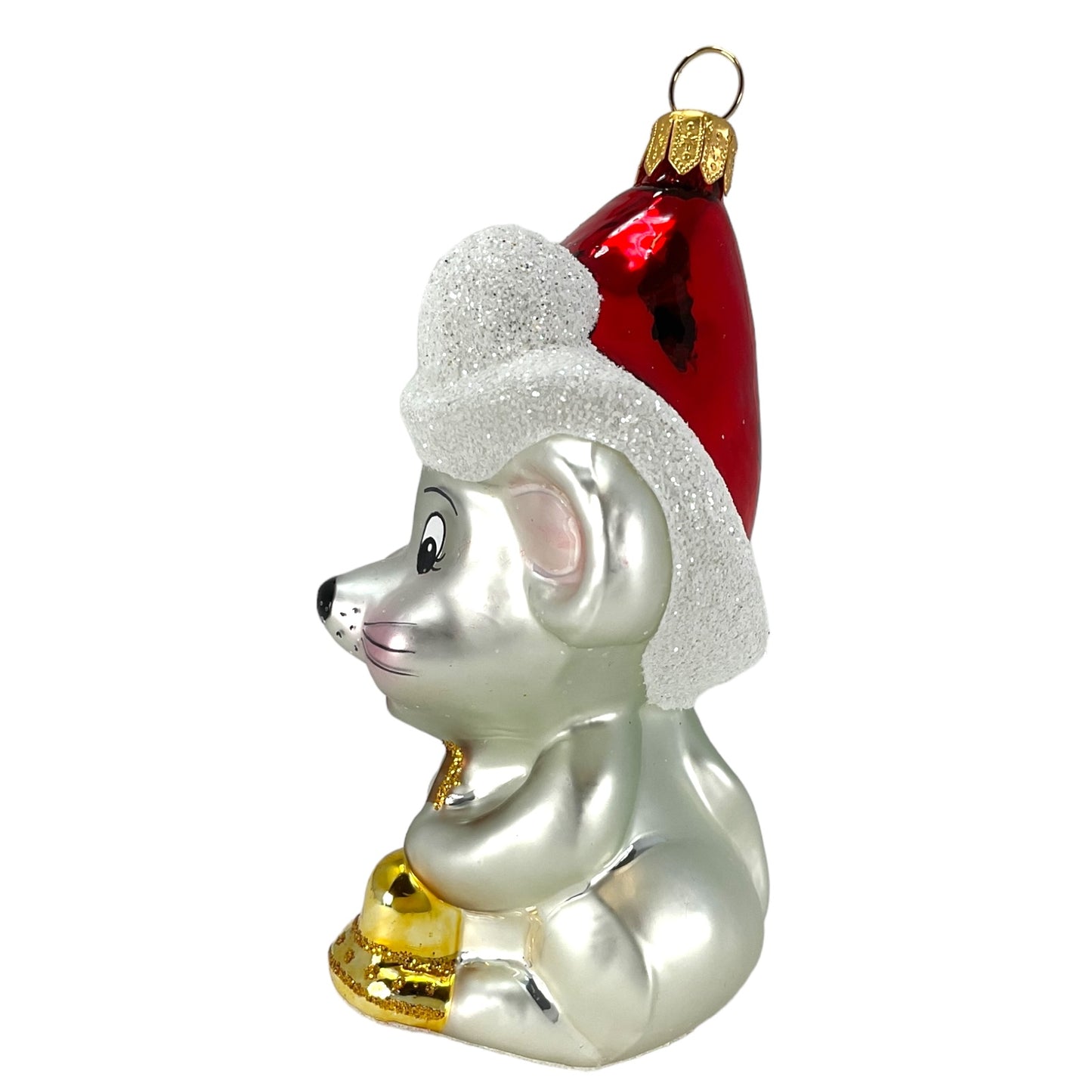 Pinnacle Peak Trading Mouse Holding Bell Wearing Santa Hat Polish Glass Christmas Ornament 4 inch