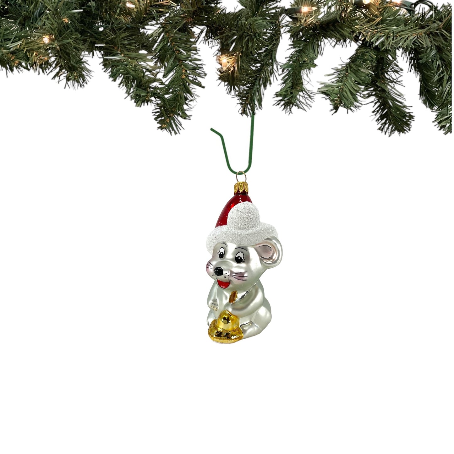 Pinnacle Peak Trading Mouse Holding Bell Wearing Santa Hat Polish Glass Christmas Ornament 4 inch