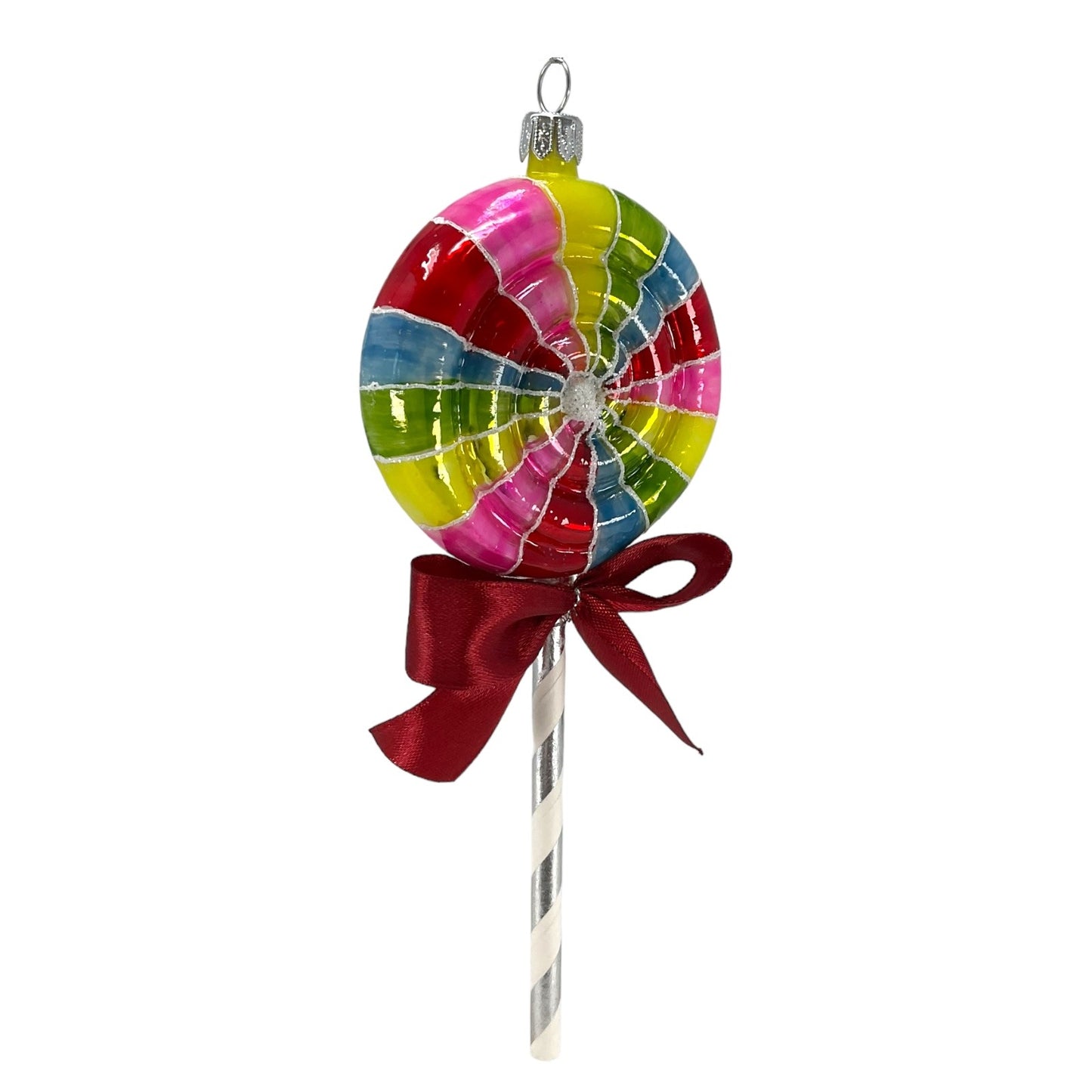 Pinnacle Peak Trading Rainbow Swirl Lollipop with Ribbon Polish Glass Christmas Ornament 7 inch