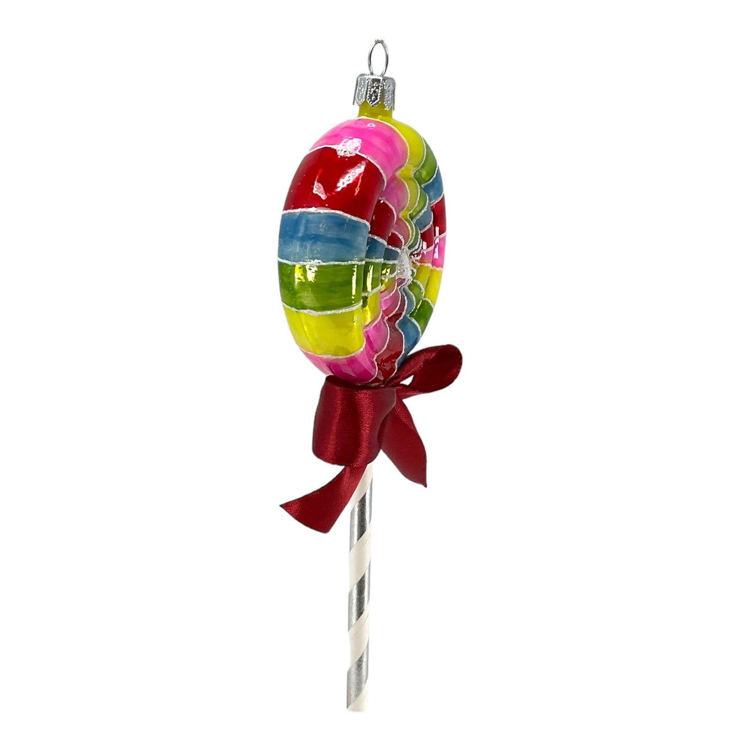 Pinnacle Peak Trading Rainbow Swirl Lollipop with Ribbon Polish Glass Christmas Ornament 7 inch
