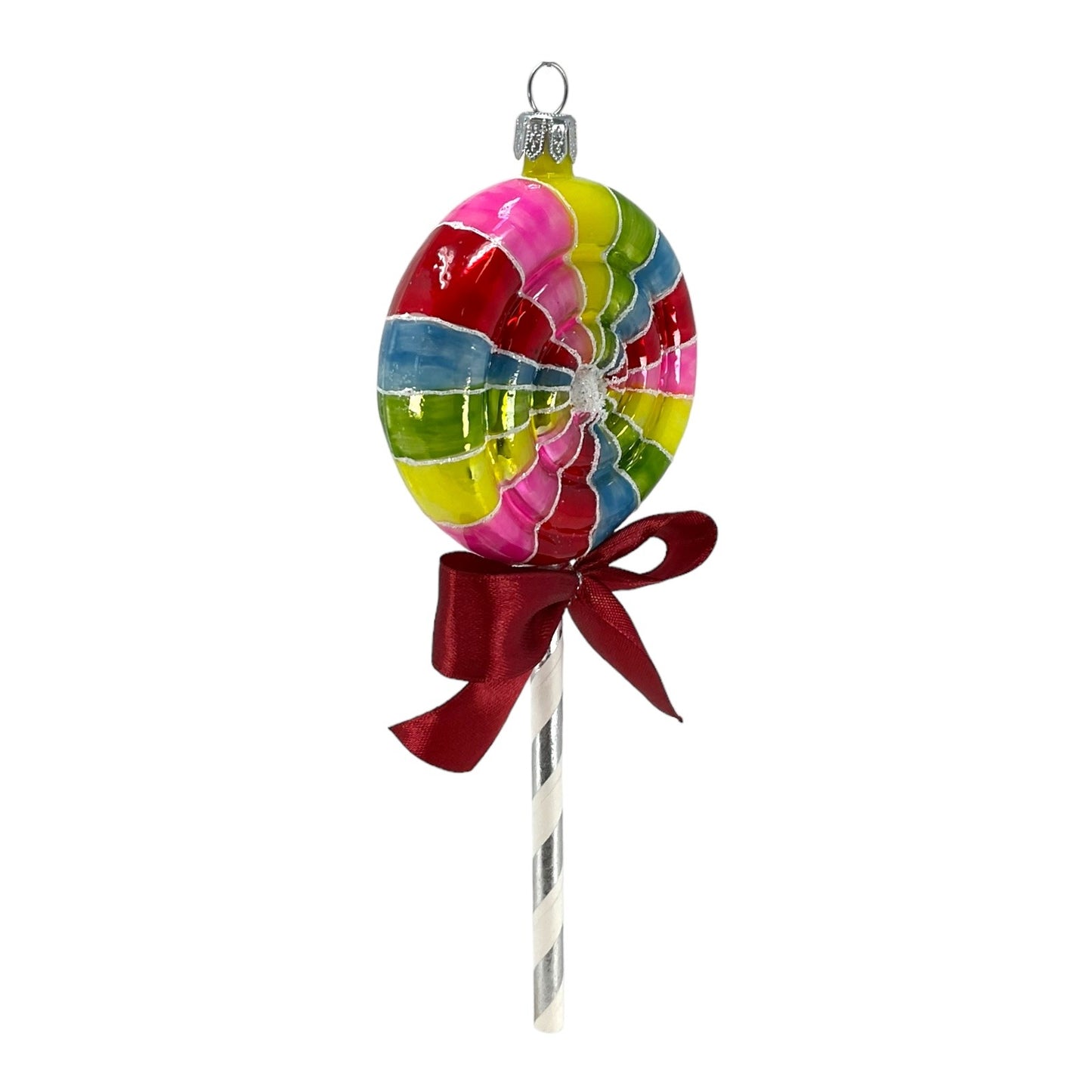 Pinnacle Peak Trading Rainbow Swirl Lollipop with Ribbon Polish Glass Christmas Ornament 7 inch