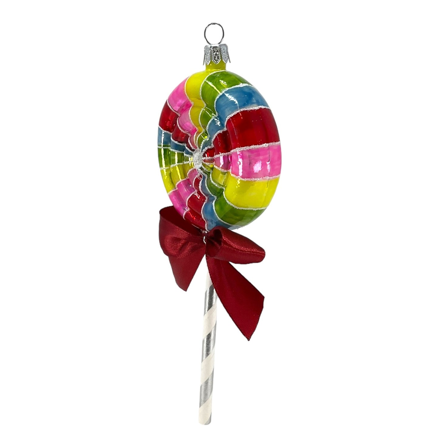 Pinnacle Peak Trading Rainbow Swirl Lollipop with Ribbon Polish Glass Christmas Ornament 7 inch