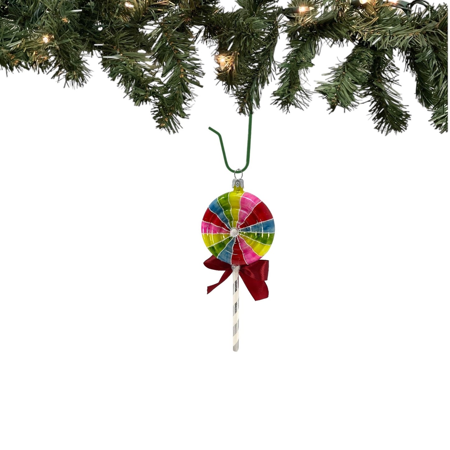 Pinnacle Peak Trading Rainbow Swirl Lollipop with Ribbon Polish Glass Christmas Ornament 7 inch