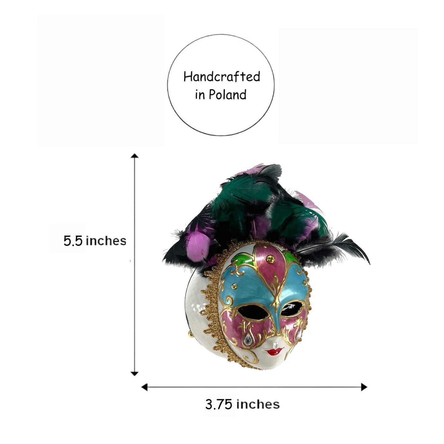 Pinnacle Peak Trading Venetian Mask with Colorful Feathers Polish Glass Christmas Ornament 5.5 inch