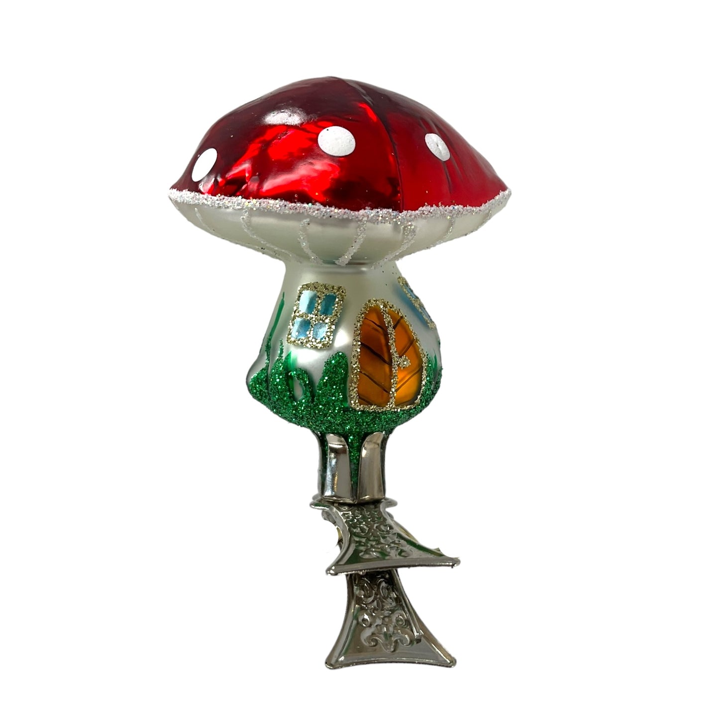 Pinnacle Peak Trading Red Toadstool Mushroom House Clip On Polish Glass Christmas Ornament 2 inch