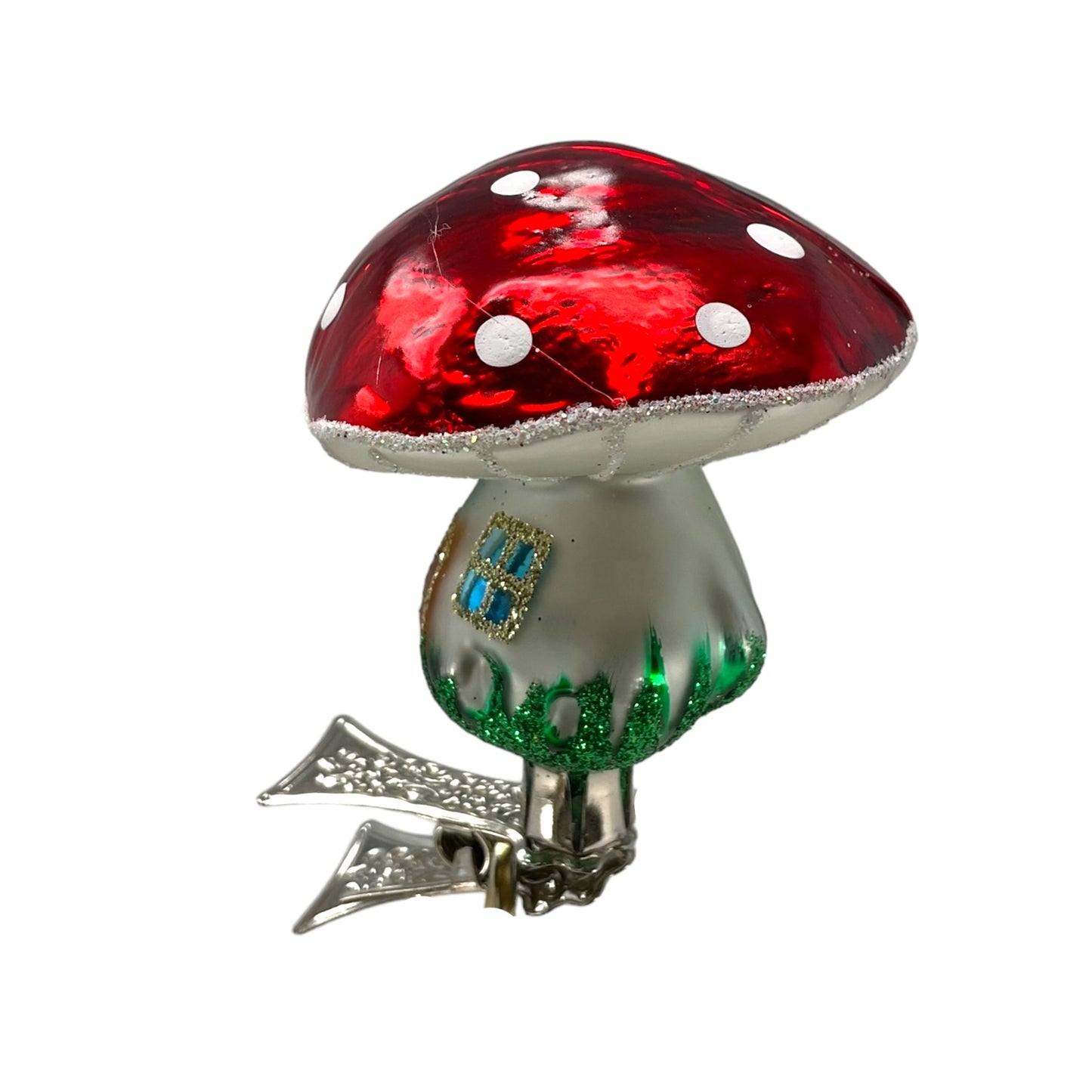 Pinnacle Peak Trading Red Toadstool Mushroom House Clip On Polish Glass Christmas Ornament 2 inch