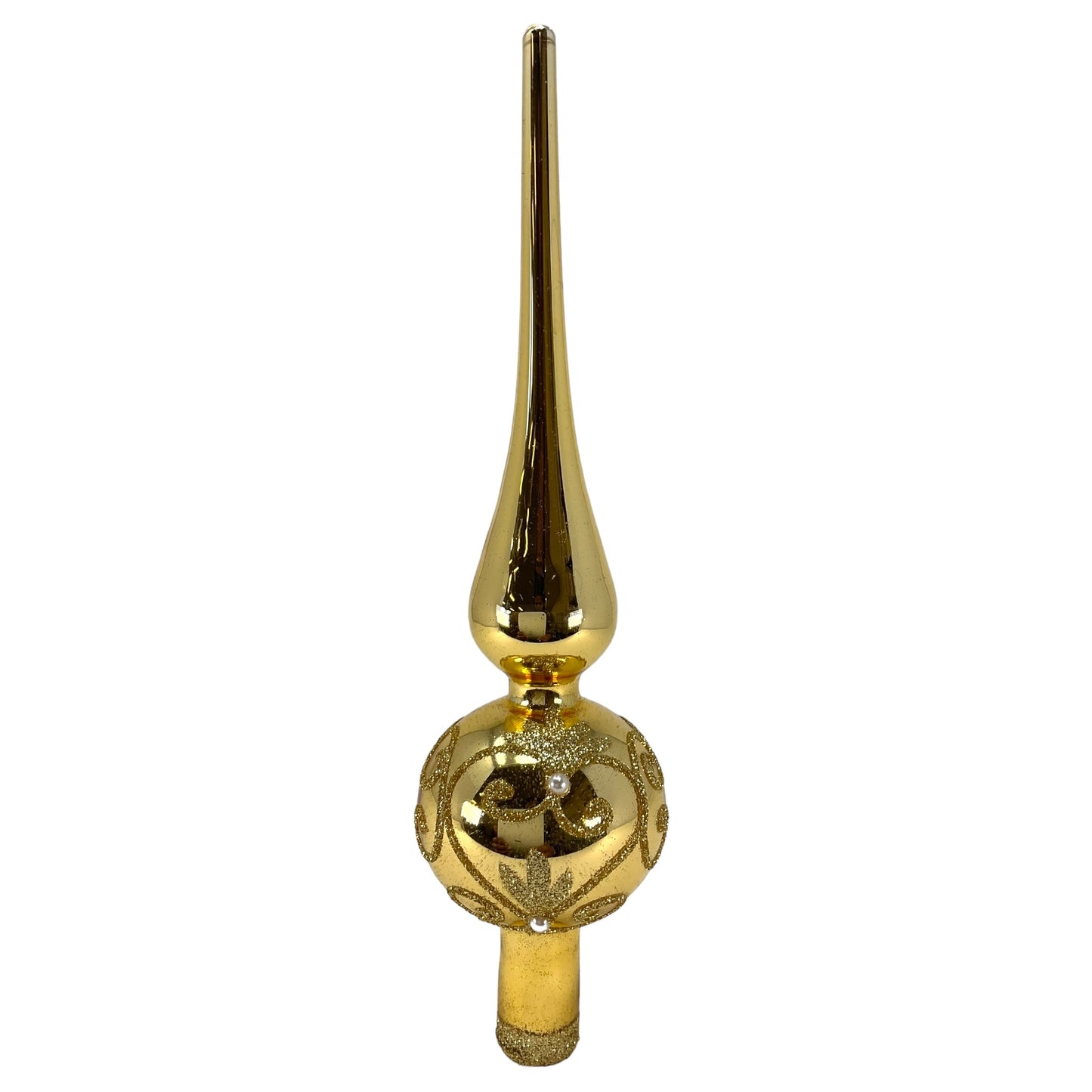 Pinnacle Peak Trading Gold with Gold Glitter Swirls Polish Glass Christmas Tree Topper Finial 9.5 inch