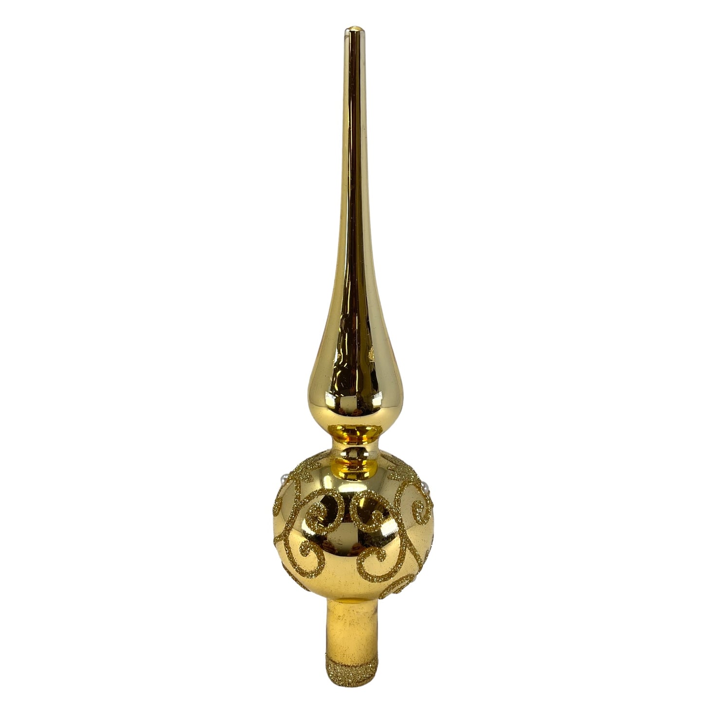 Pinnacle Peak Trading Gold with Gold Glitter Swirls Polish Glass Christmas Tree Topper Finial 9.5 inch