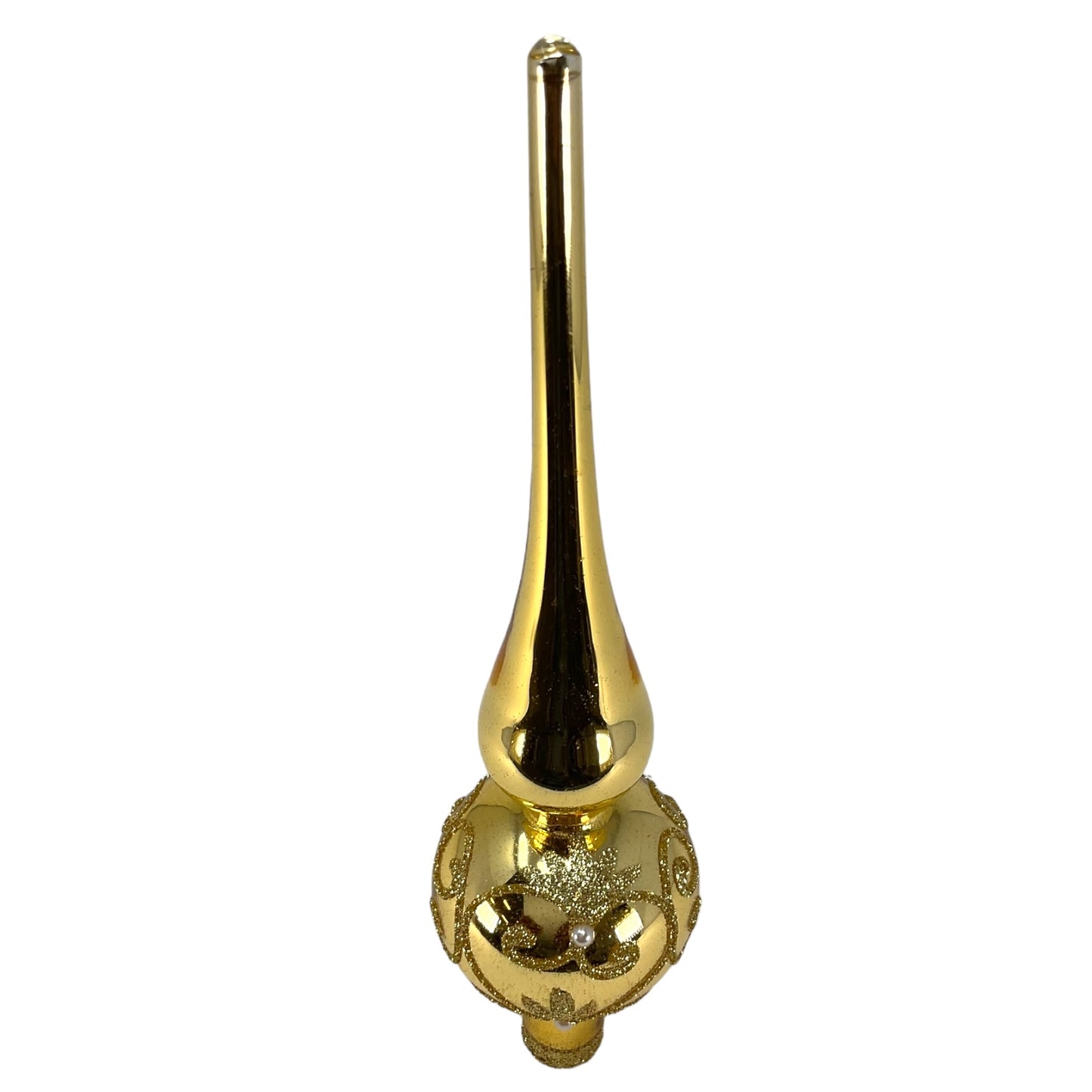 Pinnacle Peak Trading Gold with Gold Glitter Swirls Polish Glass Christmas Tree Topper Finial 9.5 inch