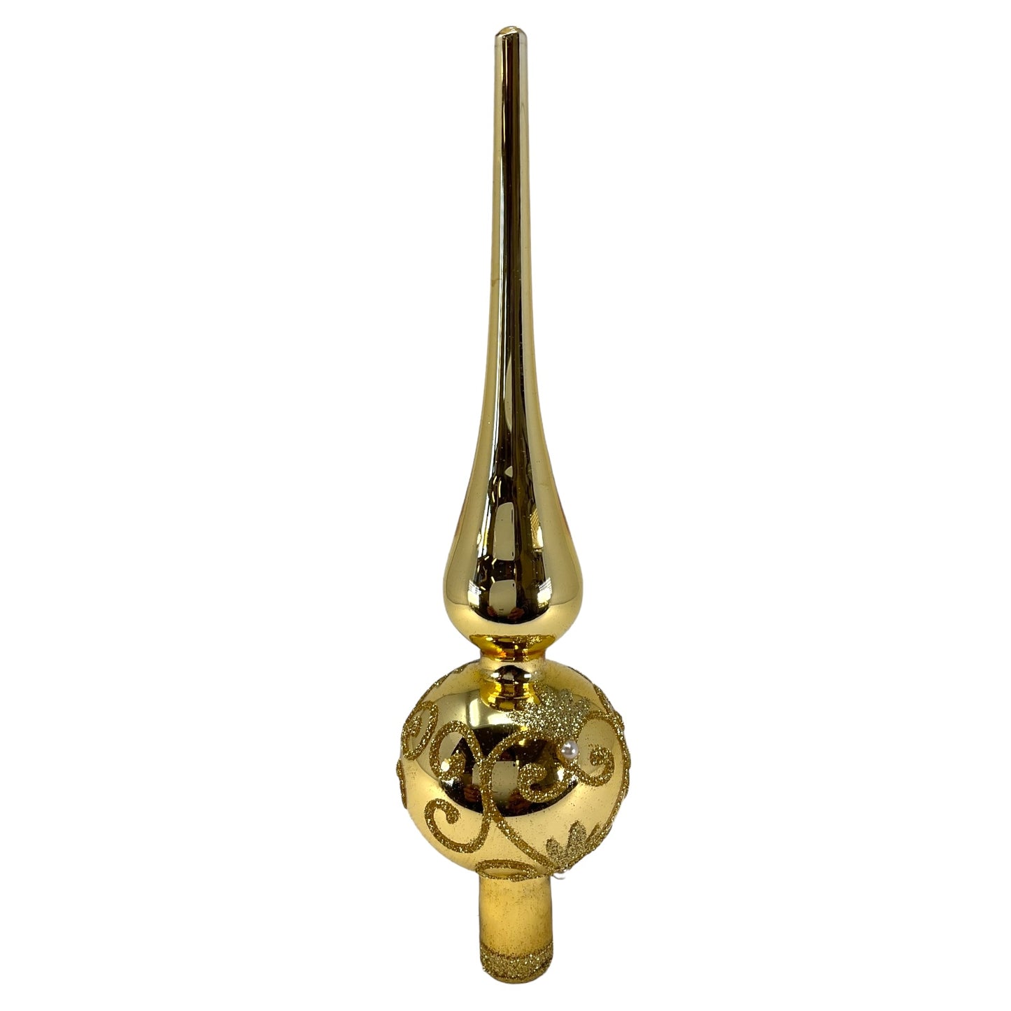 Pinnacle Peak Trading Gold with Gold Glitter Swirls Polish Glass Christmas Tree Topper Finial 9.5 inch