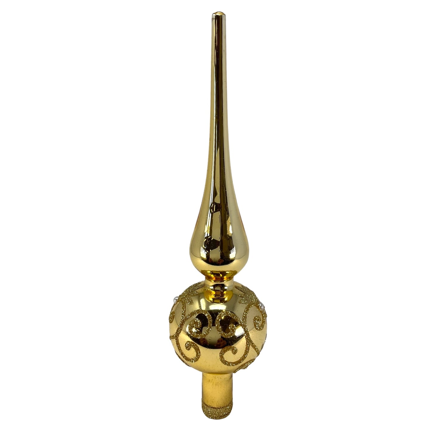 Pinnacle Peak Trading Gold with Gold Glitter Swirls Polish Glass Christmas Tree Topper Finial 9.5 inch