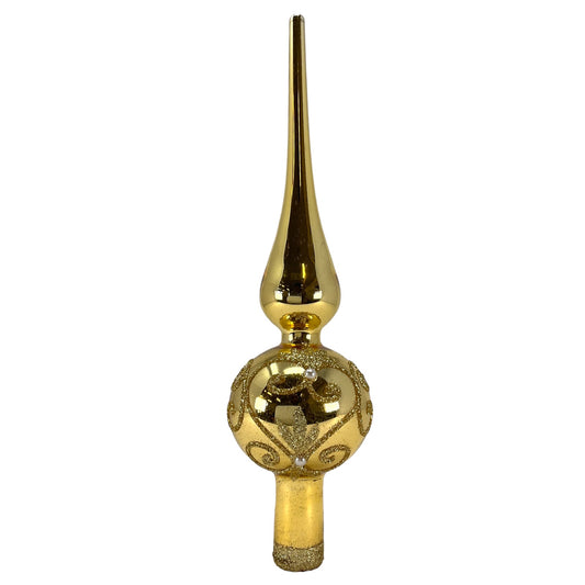 Pinnacle Peak Trading Gold with Gold Glitter Swirls Polish Glass Christmas Tree Topper Finial 9.5 inch