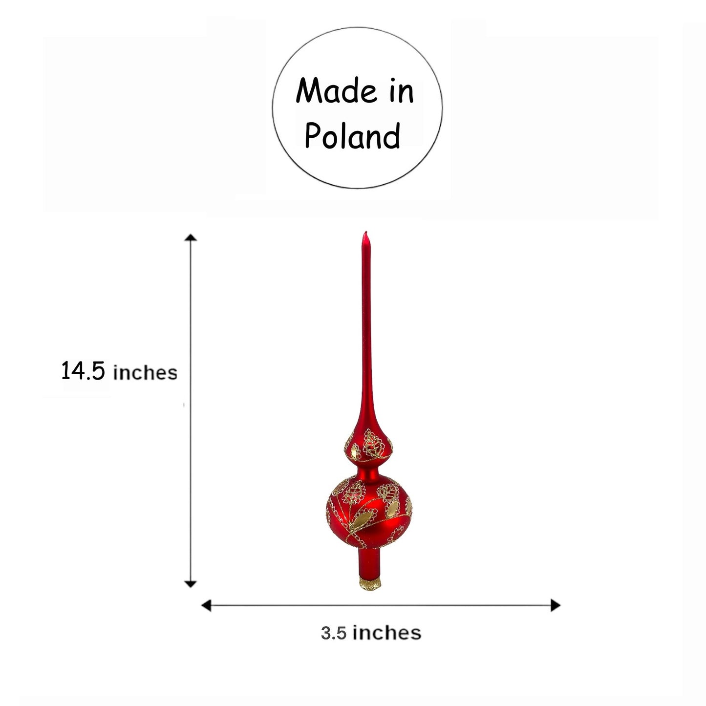 Pinnacle Peak Trading Red and Gold Glitter Leaf Design Polish Glass Finial Christmas Tree Topper 14.5 inch