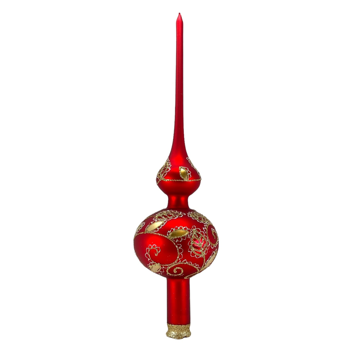 Pinnacle Peak Trading Red and Gold Glitter Leaf Design Polish Glass Finial Christmas Tree Topper 14.5 inch