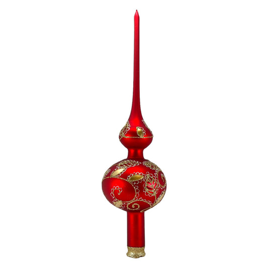 Pinnacle Peak Trading Red and Gold Glitter Leaf Design Polish Glass Finial Christmas Tree Topper 14.5 inch