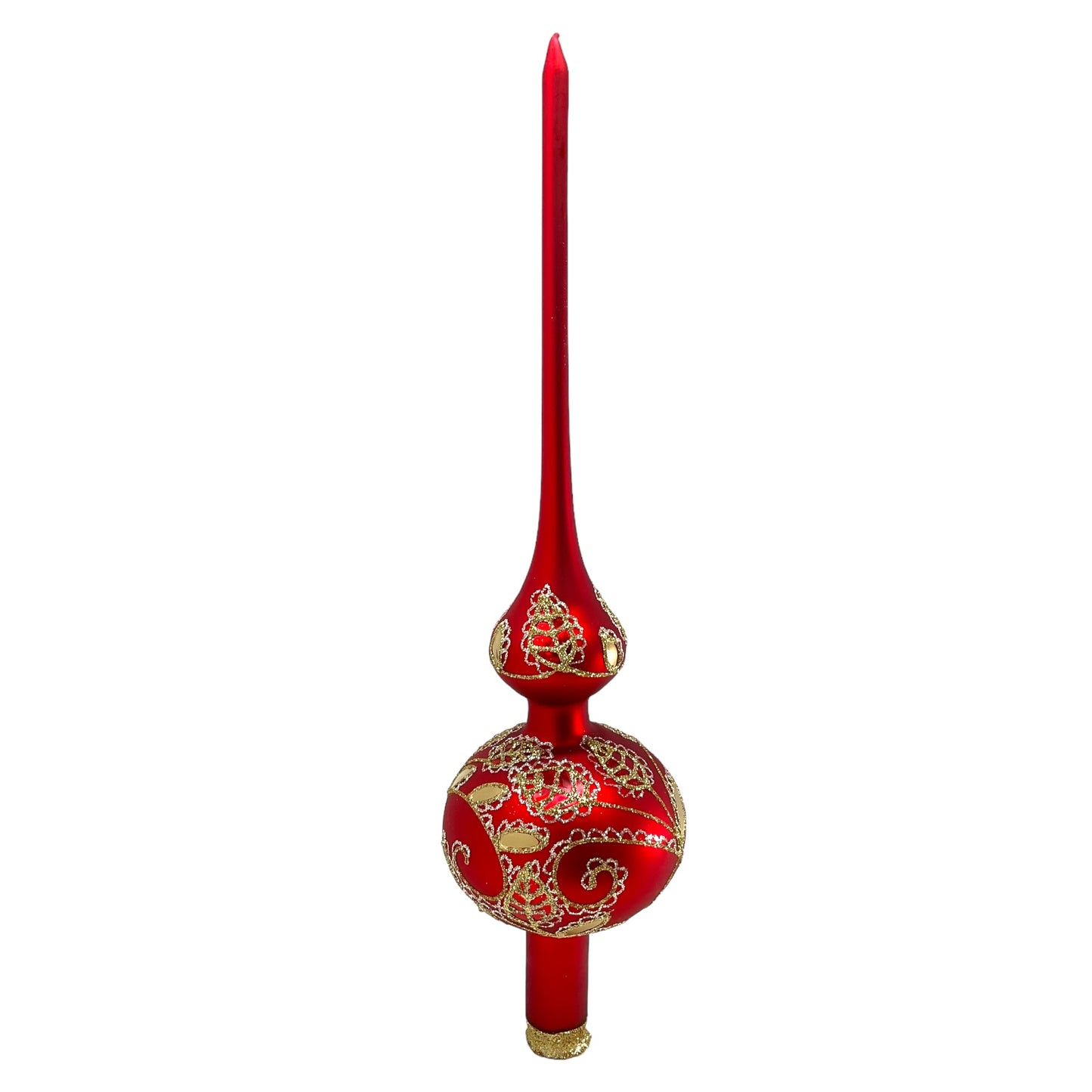 Pinnacle Peak Trading Red and Gold Glitter Leaf Design Polish Glass Finial Christmas Tree Topper 14.5 inch