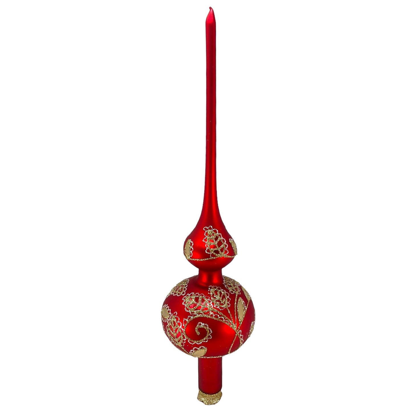 Pinnacle Peak Trading Red and Gold Glitter Leaf Design Polish Glass Finial Christmas Tree Topper 14.5 inch
