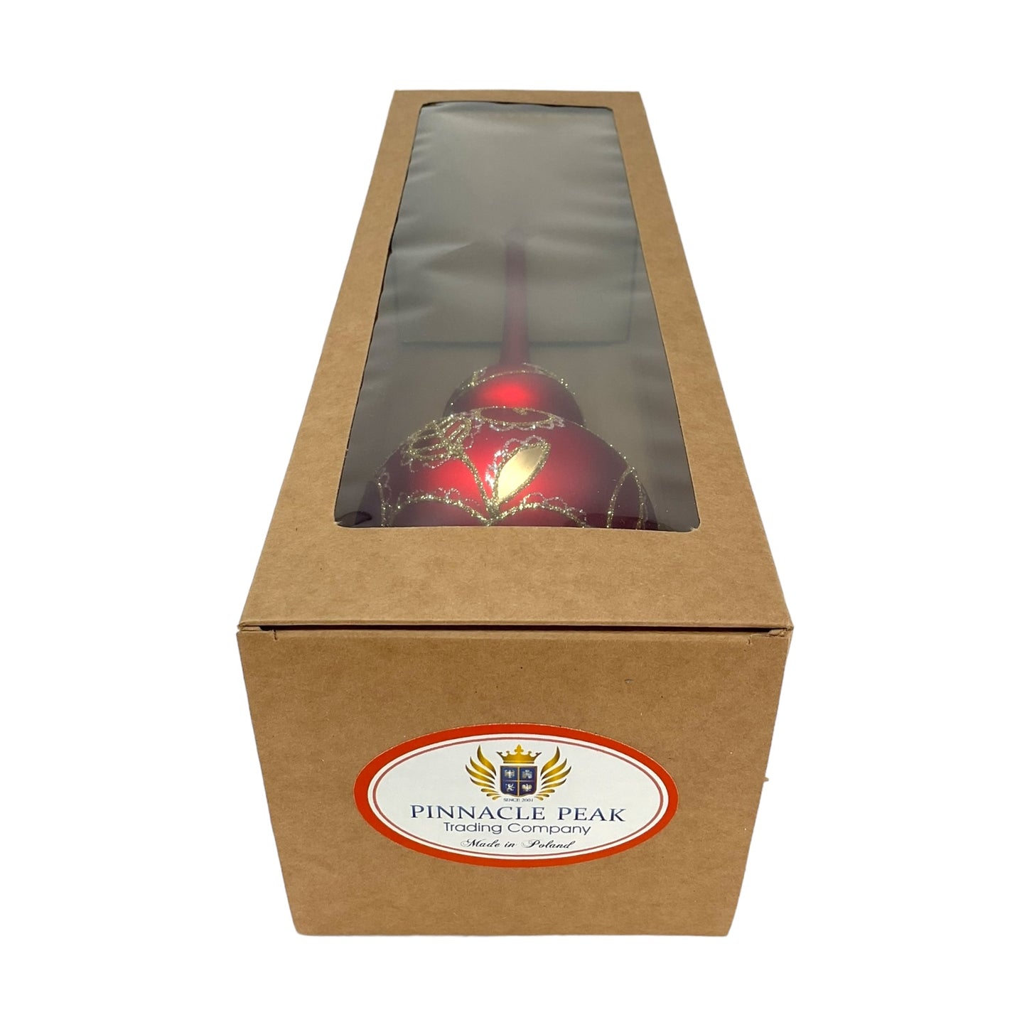 Pinnacle Peak Trading Red and Gold Glitter Leaf Design Polish Glass Finial Christmas Tree Topper 14.5 inch