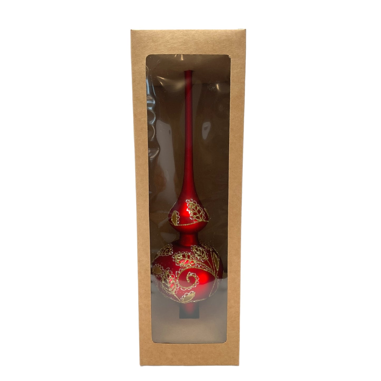 Pinnacle Peak Trading Red and Gold Glitter Leaf Design Polish Glass Finial Christmas Tree Topper 14.5 inch