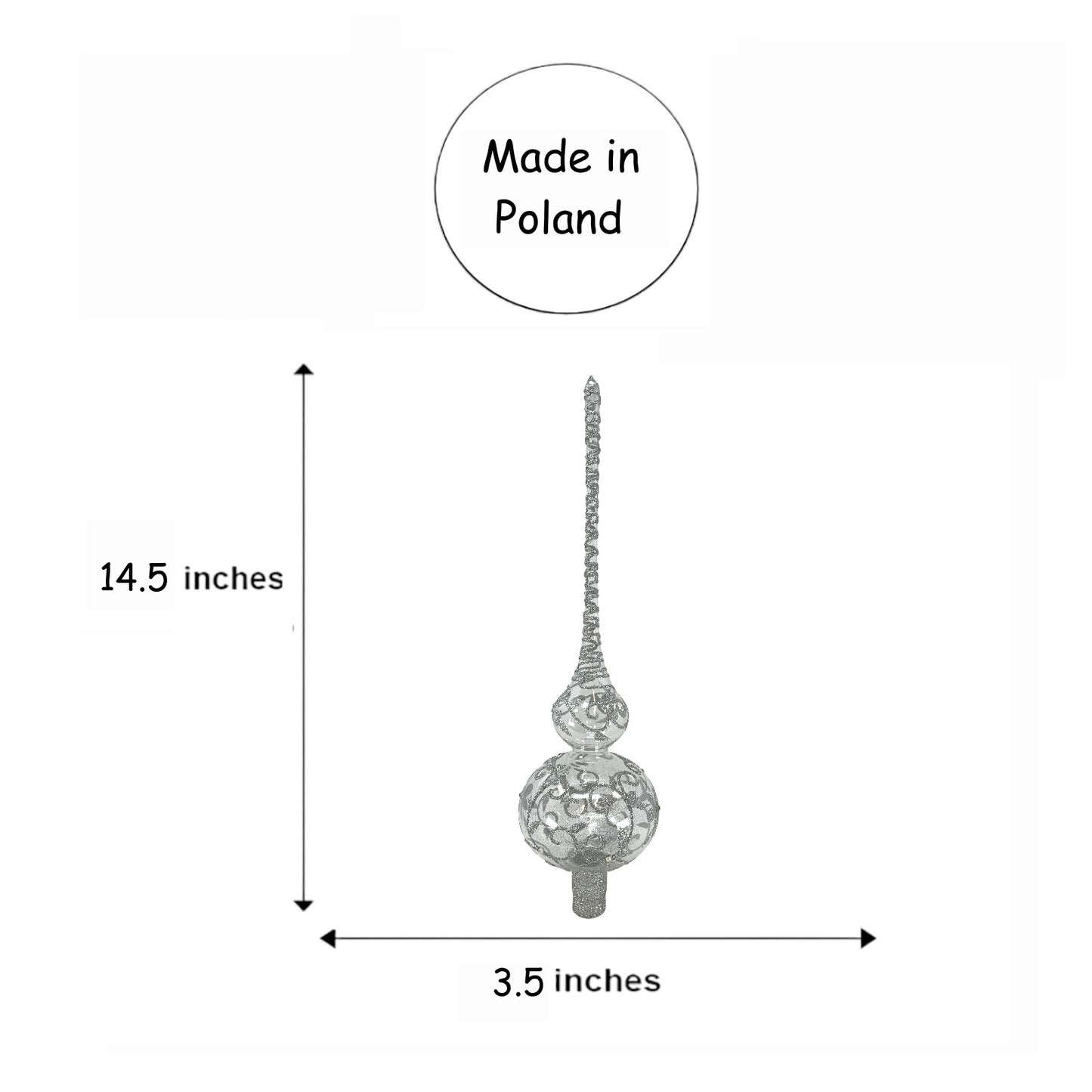 Pinnacle Peak Trading Clear with Silver Glitter Floral Design Polish Glass Finial Christmas Tree Topper 14.5 inch